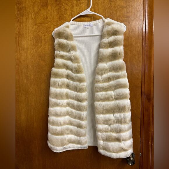 Women's Calvin Klein fuax fur neutral stripes sweater vest L - Picture 1 of 5